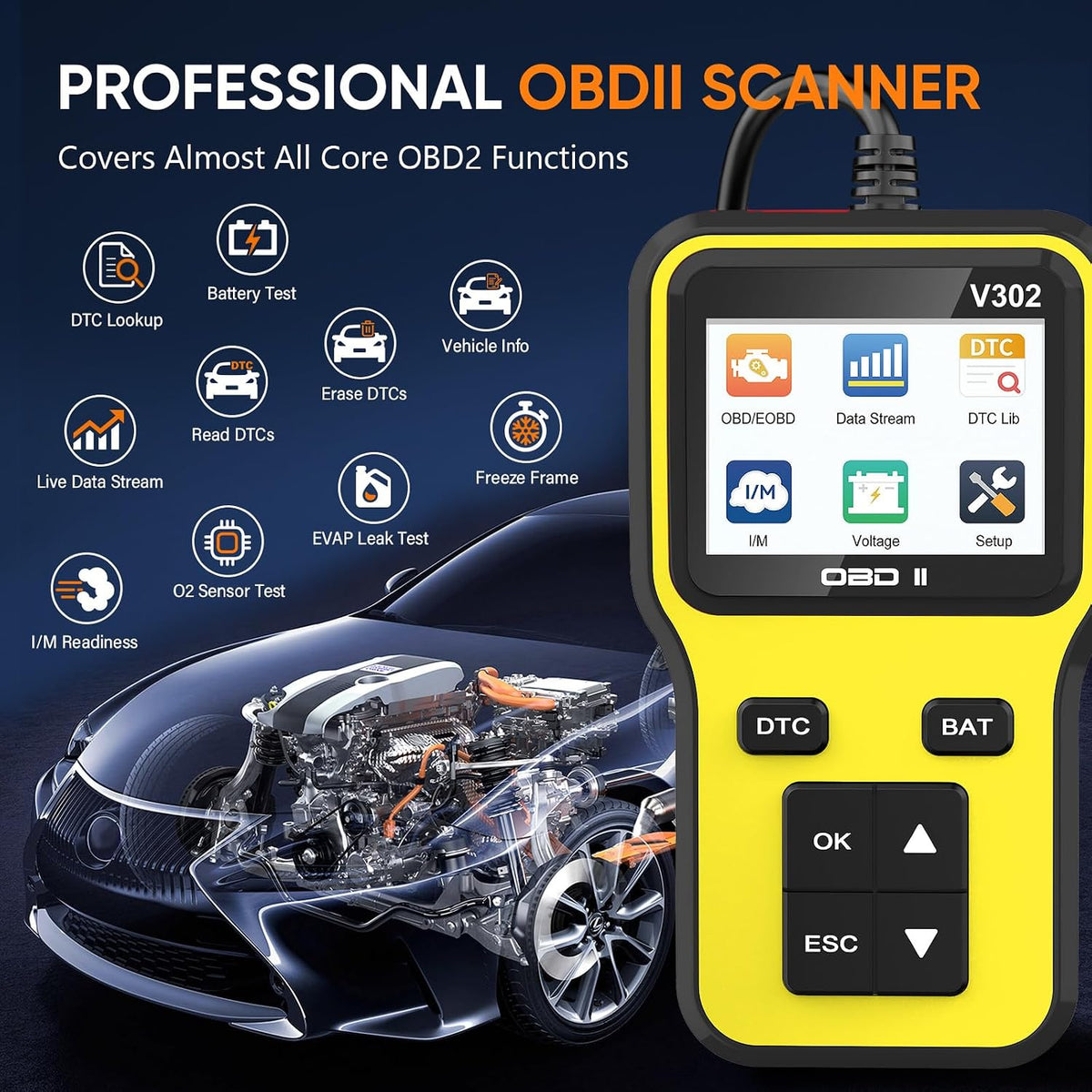 Professional OBD2 Scanner, Enhanced Check Engine Code Reader