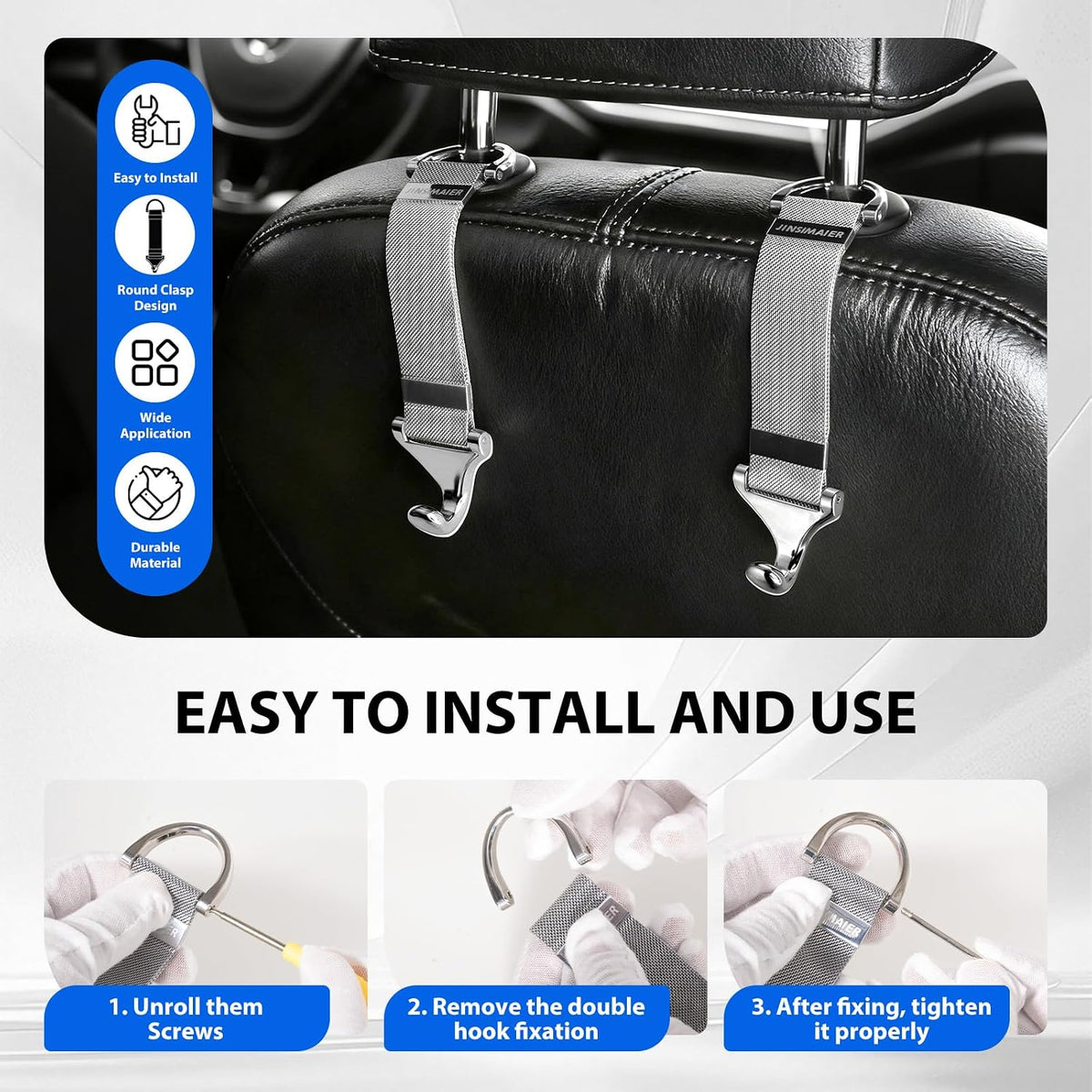 Car Seat Headrest Hooks and Purse Hook for Car 2 Pack Silver – Alloy Braided Chain Storage Hook for Purse, Handbag, Grocery Bags – Interior Organizing Car Accessories