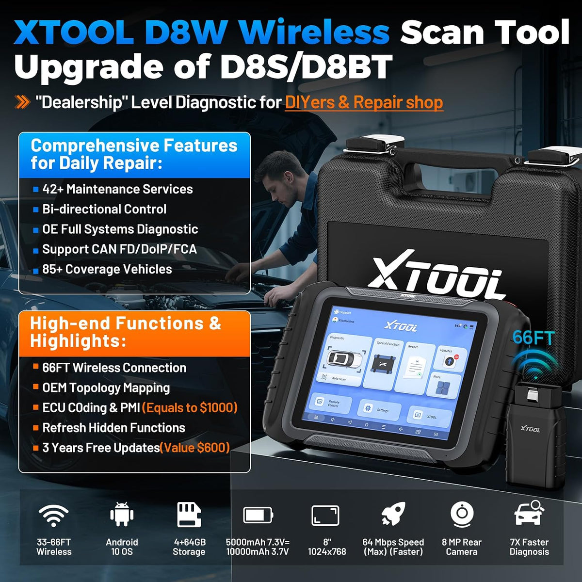 XTOOL D8W Wireless Bidirectional Scan Tool, OBD2 Scanner with Topology