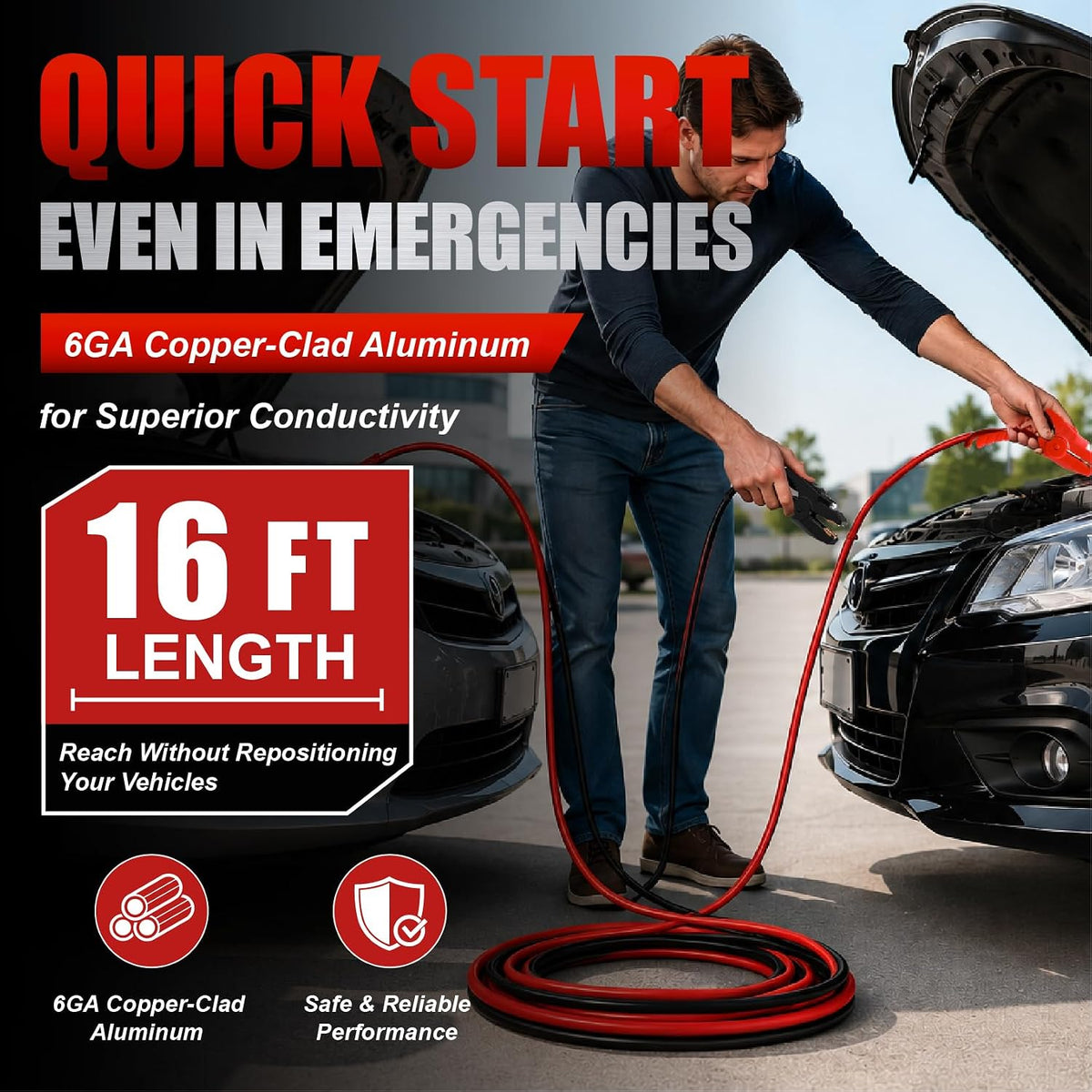 6 Gauge 16 Feet Jumper Cables with LED Light,Booster Jumping Wires