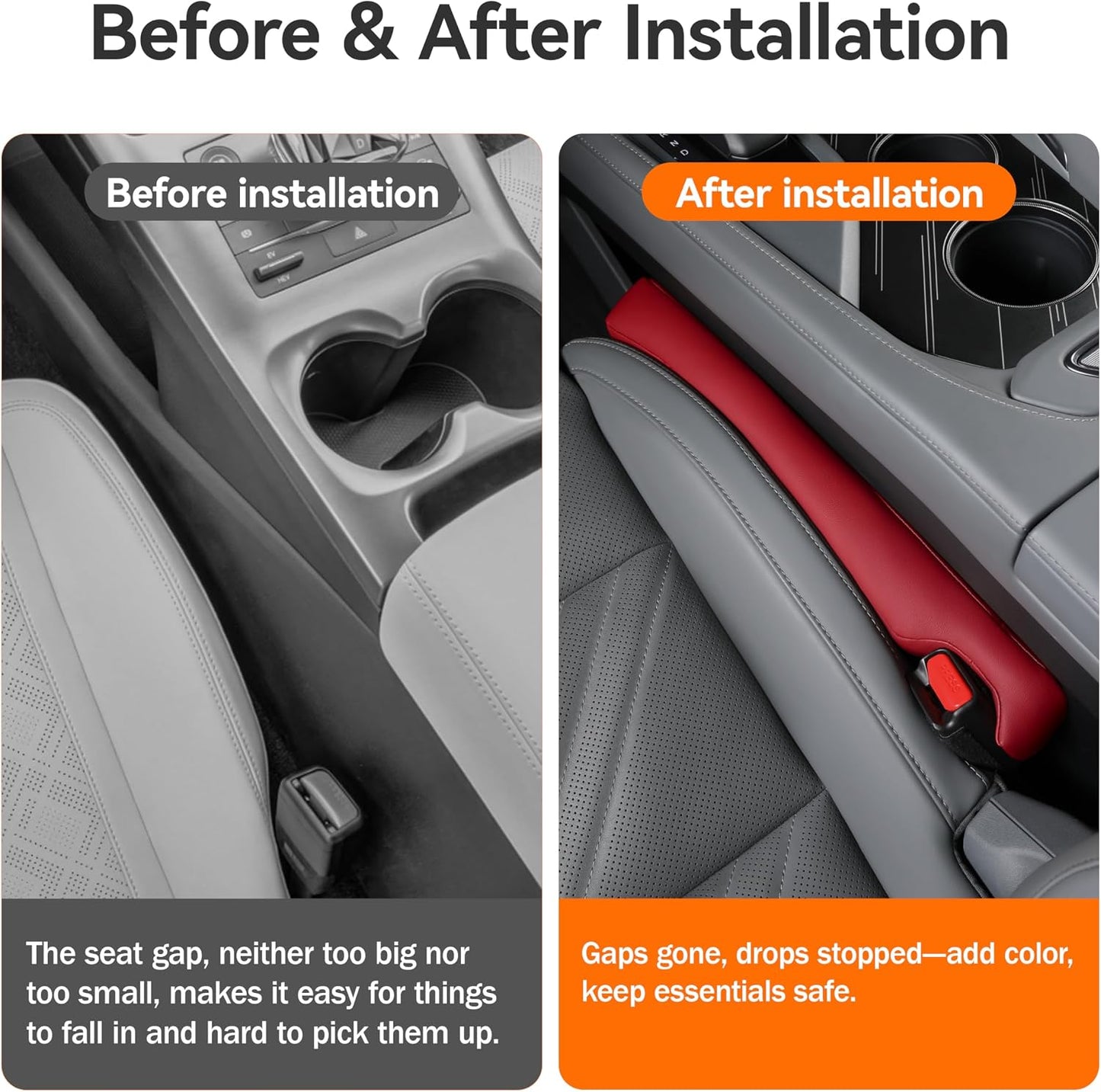 Car Seat Gap Filler 2 Pack, Faux Leather Strip/Plug Console Blockers for Cars, Trucks, SUVs, Adjustable Width 1.4–2.4 Inch, Universal Fit Prevents Items Falling Between Seats