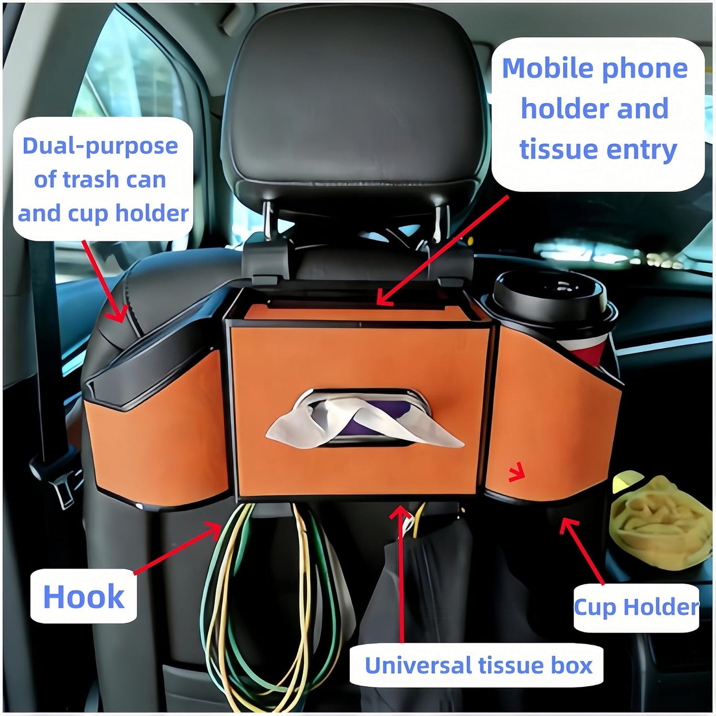 2026 Upgrade 4-in-1 Car Organizer Back Seat, Leather Multifunctional Car Organizer and Storage Box with Cup Holders for Hold Phone, Snacks, Drinks, Handbag, Keep Your Ride Clean & Organized (Black)