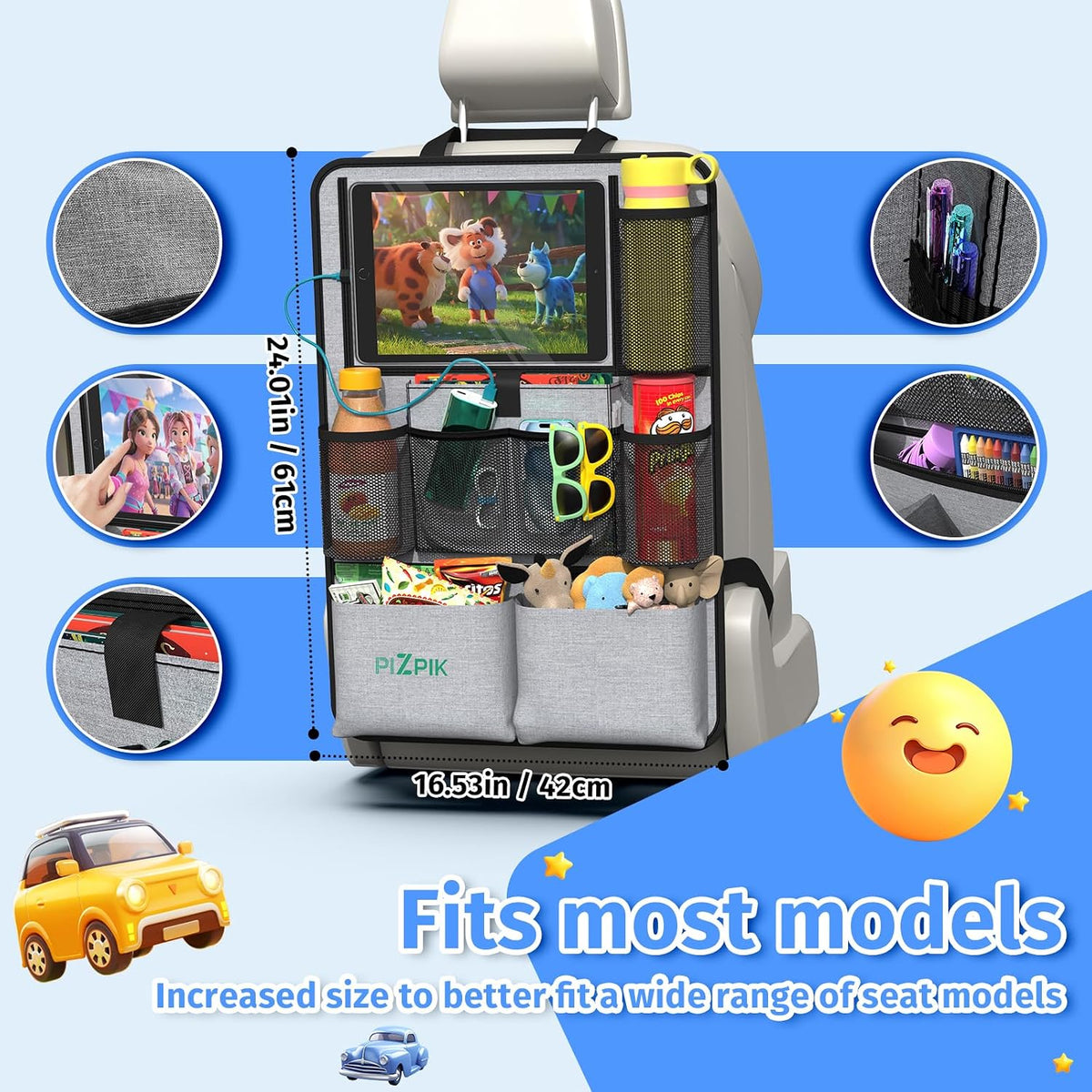 Plzpik Car Backseat Organizer with Tablet Holder,11 Storage Pockets with Foldable Food Tray, Protector Kick Mats for Kids, Travel Accessories Organizer (Gray, 2-Pack)