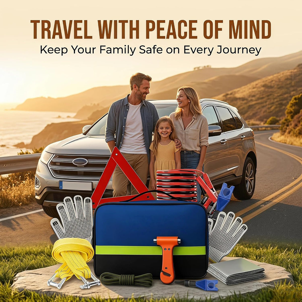Car Roadside Emergency Kit with Jumper Cables & Tow Rope