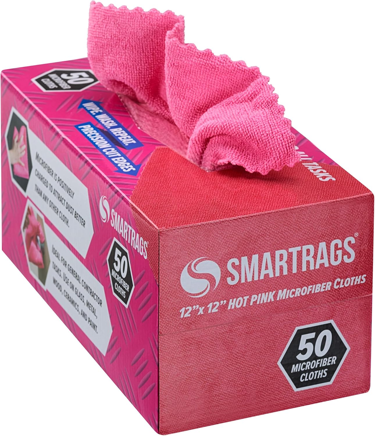 Arkwright Smart Rags Microfiber Cleaning Cloths, Pack of 50 in a Box, Lint Free 180 GSM Reusable Towels for Auto, Office and Household Cleaning, 12 x 12 in, Pink