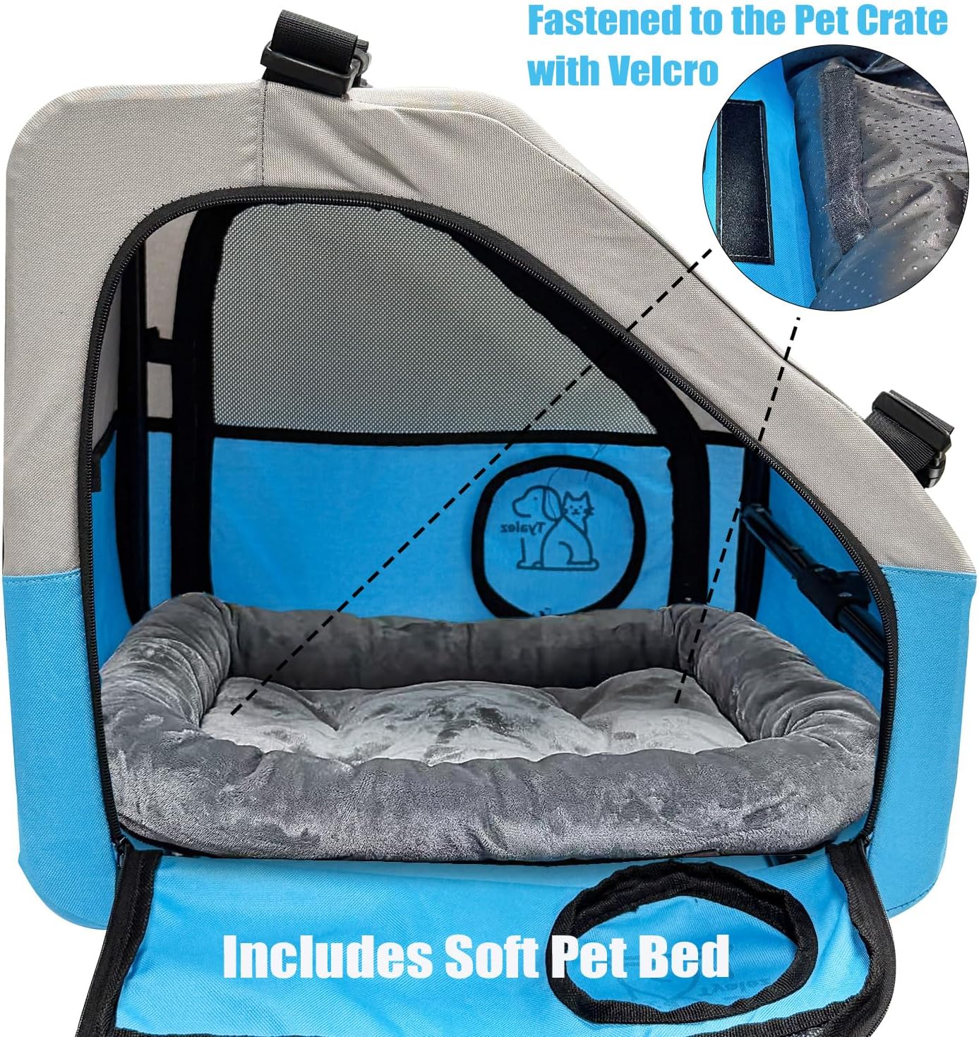 Small Portable Pet Crate for Car Travel, 19"x19"x17" Foldable Dog & Cat Carrier with Secures Seatbelt & Headrest Strap, Oxford Soft-Sided Pet Kennel with Bed for Pets