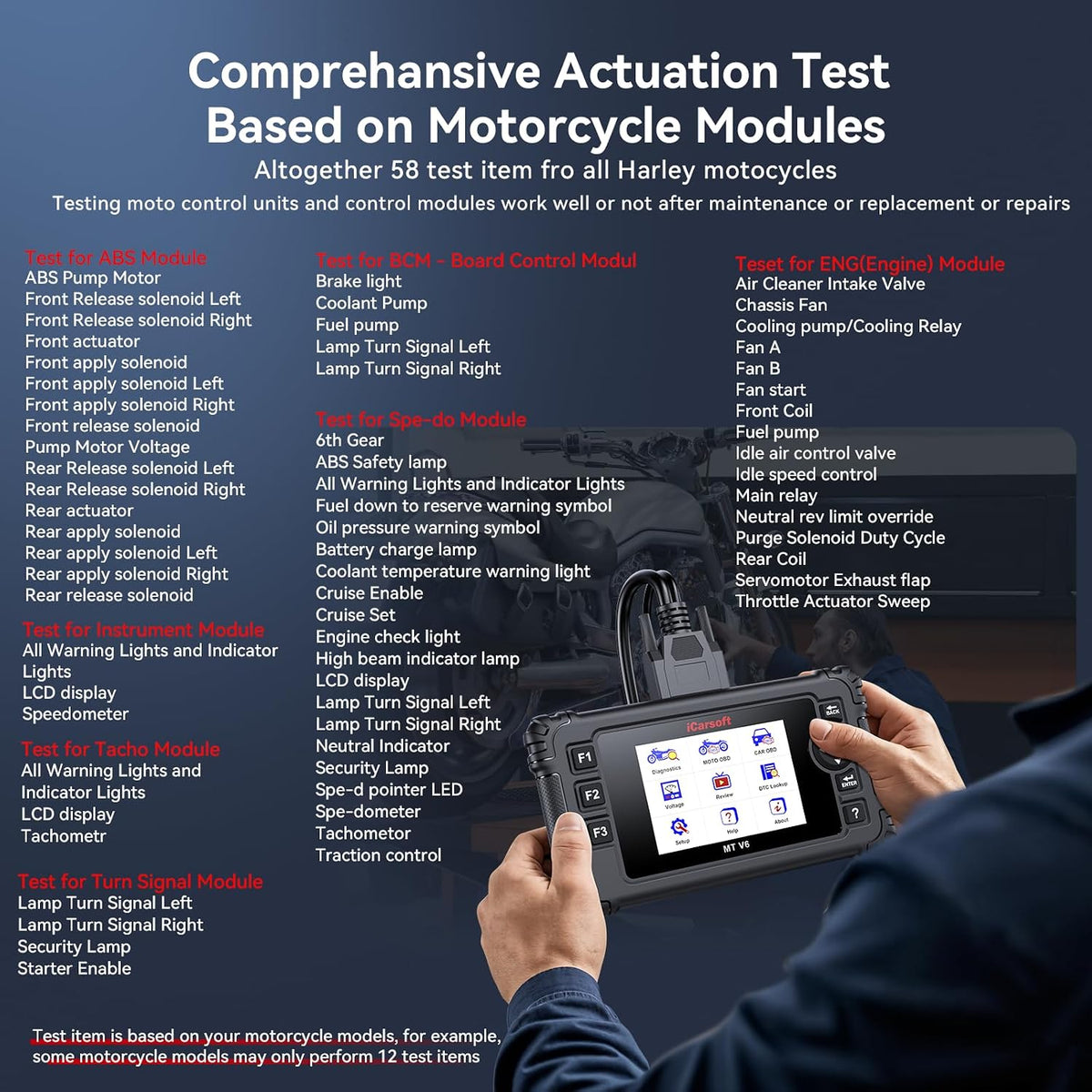 iCarsoft MT V6 Motorcycle Diagnostic Scan Tool for Harley, 57 Reset Services, 43 Actuation Test, Battery Test, All Motorbike System Diagnose, Read/Clear Codes, Live Data,Also Car OBD2 Diagnose