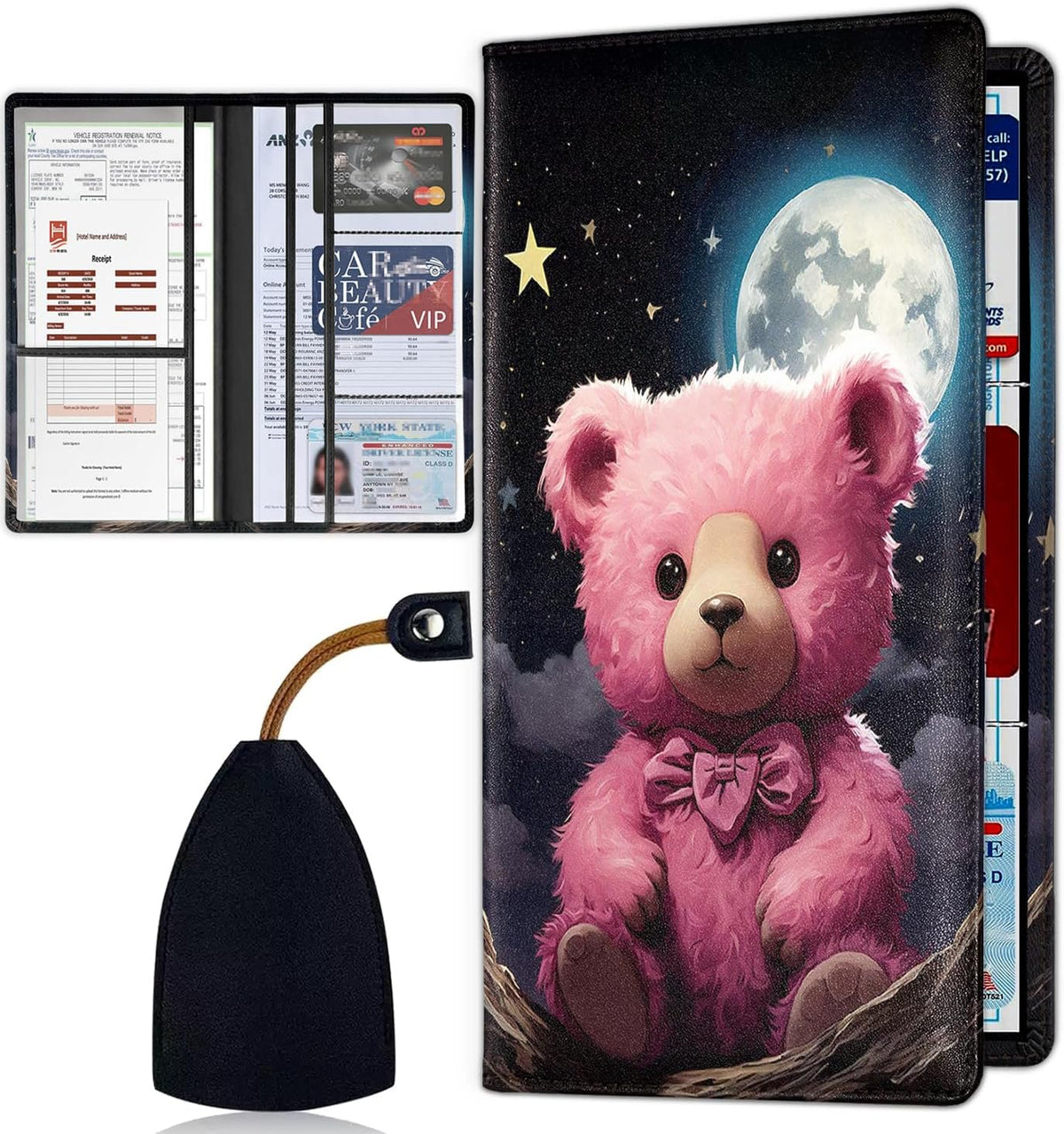 Car Document Holder with Magnetic Shut, Car Registration & Insurance Card Holder, Waterproof PU Leather Glove Box Organizer Vehicle Accessories Driver License for Women/Men, Cute Pink Bear Art