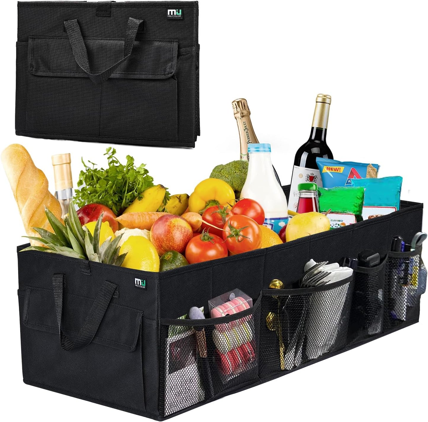 MIU COLOR Trunk Organizer for SUV, Collapsible Car Organizer, 12 Pockets Trunk Organizer for Car, Non-Slip Trunk Storage Organizer for Sedans, Van, Grocery, Large 3 Compartments 32"×13"×12"