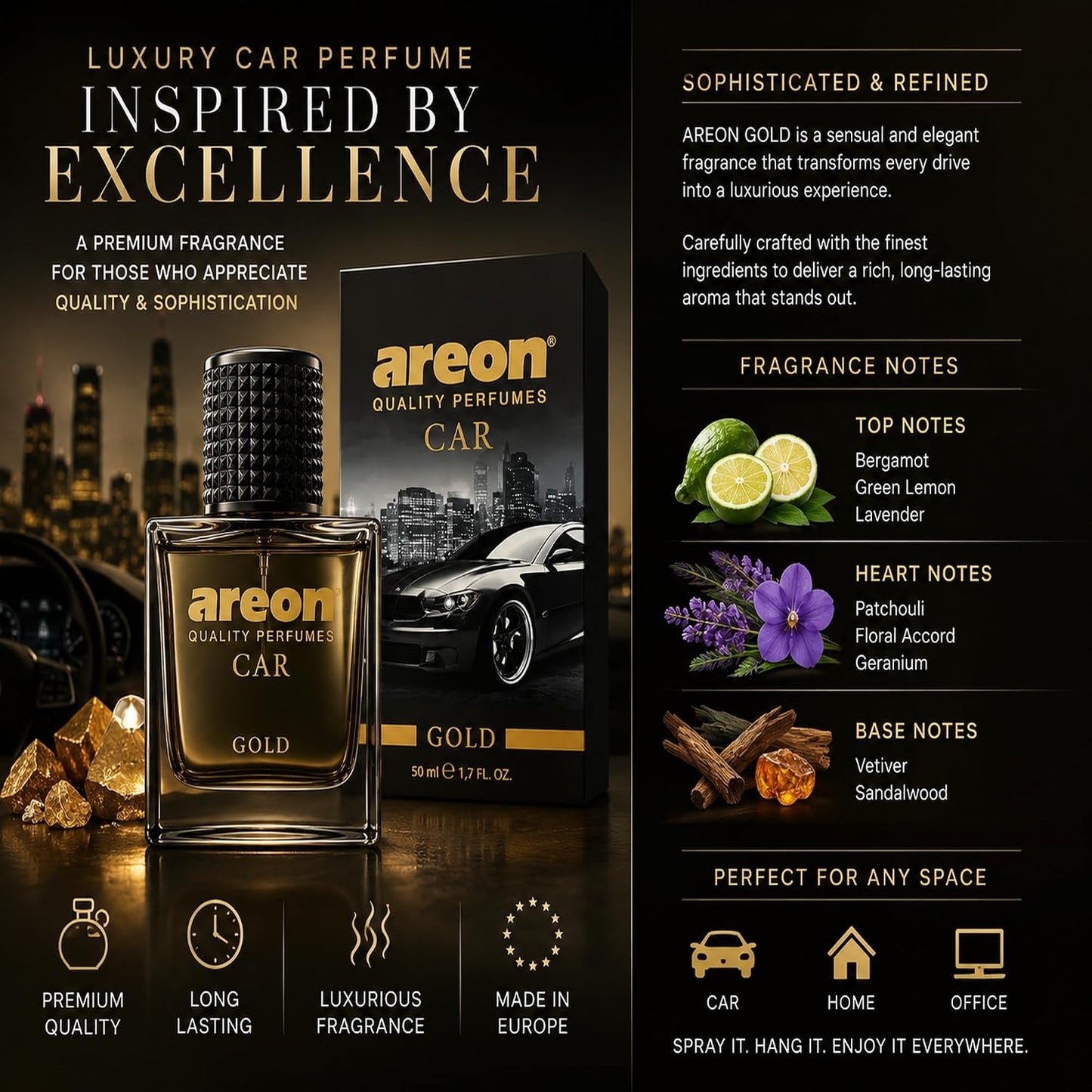 AREON Car Perfume Gold - Air Freshener in Glass Bottle - Luxury Odor Eliminator Spray with Absorber Hanging Pad - Unique Fragrance & Long-Lasting Aroma for Vehicle, Office, Home - Made in Europe, 50ml