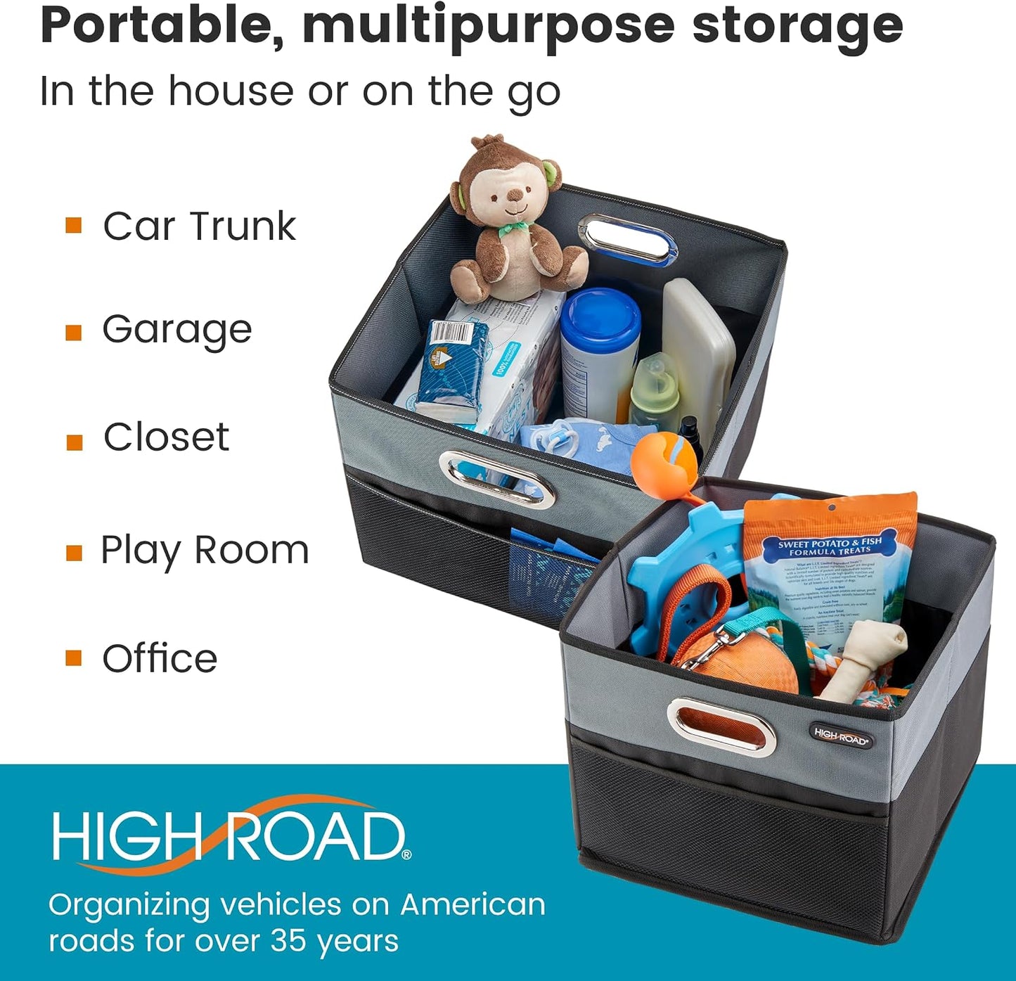 High Road CargoCube Car Storage Bin - Leakproof Car Trunk Storage Organizer with Metal Handles and Front Mesh Pocket (Square)