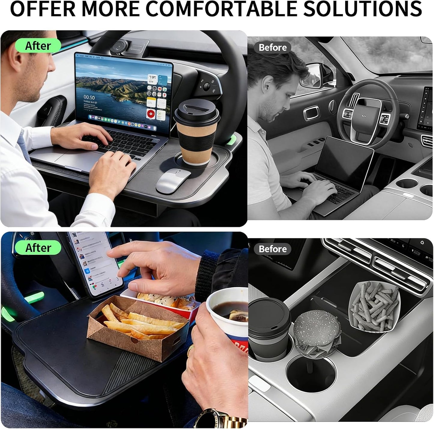 Car Steering Wheel Desk, 2-in-1 Steering Wheel Table &amp; Storage Tray with Cup Holder,ar Seat Gap Filler Organizer, for Standard Round Steering Wheels (Black)