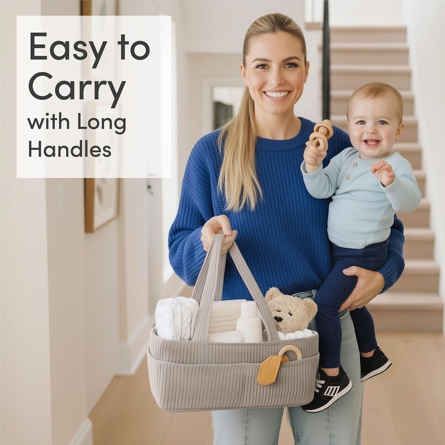 PUTSKA Baby Diaper Caddy Organizer for Changing Table – Stylish Nursery Storage Basket, Newborn Essentials, Baby Shower Gifts and Registry Must-Haves for Boy or Girl, Car Diaper Caddy, Corduroy Grey