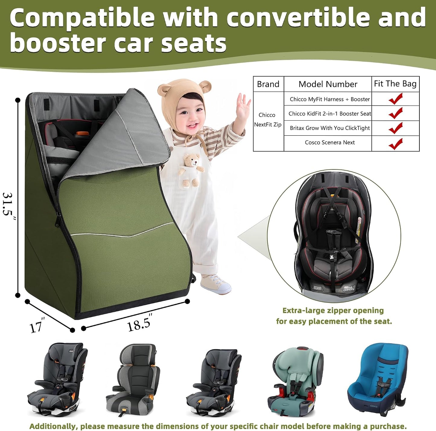Car Seat Travel Bag for Airplane – Waterproof Heavy Duty Carseat Backpack for Gate Check or Airport Travel – Fits Infant, Convertible & Booster Seats, Army Green