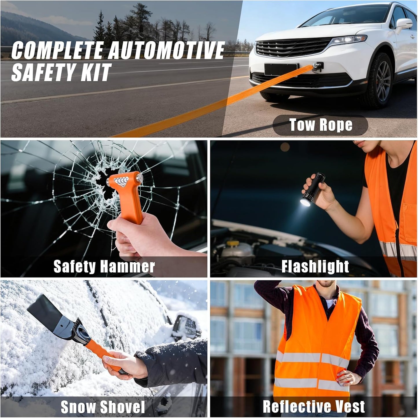 Car Roadside Emergency Kit, Jump Starter with Air Compressor, First Aid Kit, Tow Rope, Roadside Safety Emergency Tool Kit for Women, Men, Teen (Orange)