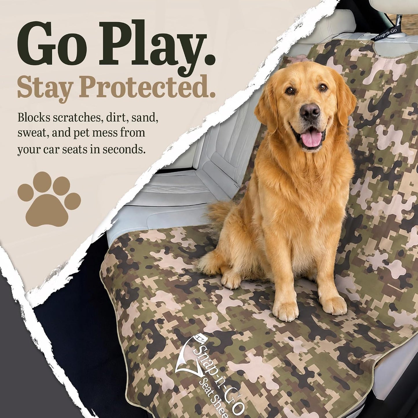 Camo Car Seat Towel Cover for Outdoor Hiking Hunting Pets | Snap-n-Go Seat Sheet® Universal Fit on headrest posts, Washable, Quick-Dry Sweat Protector for Truck SUV Car Interior Protection, Camo Multi