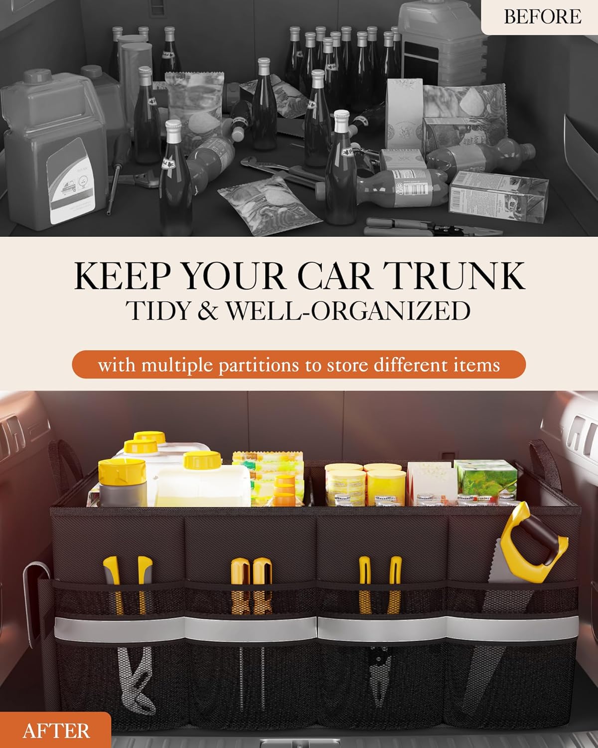 HOTOR Trunk Organizer - Car Organizer with 5 Pockets, Trunk organizer for SUV, Sedan &amp; Van, Car Organization with Sturdy Base Panel for Car Accessories, Black, 2 Compartments, 21.3"×12.6"×10.6"