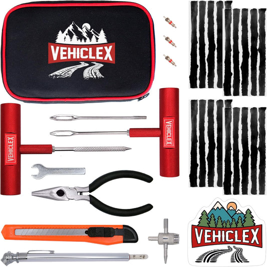 Vehiclex Tubeless Tire Repair Kit with Aluminum T Handle Tools and Pliers