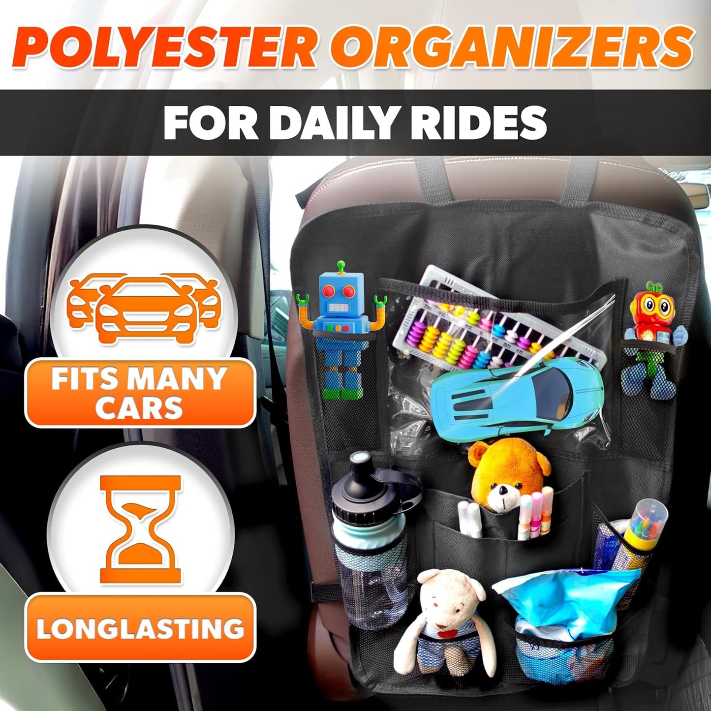 2 Pcs Backseat Car Organizer - Travel-Ready 23.4x16" Back Seat Car Organizer with 9 Large Pockets and Clear Tablet Holder, Made from Polyester with Adjustable Straps - Easy to Attach and Clean