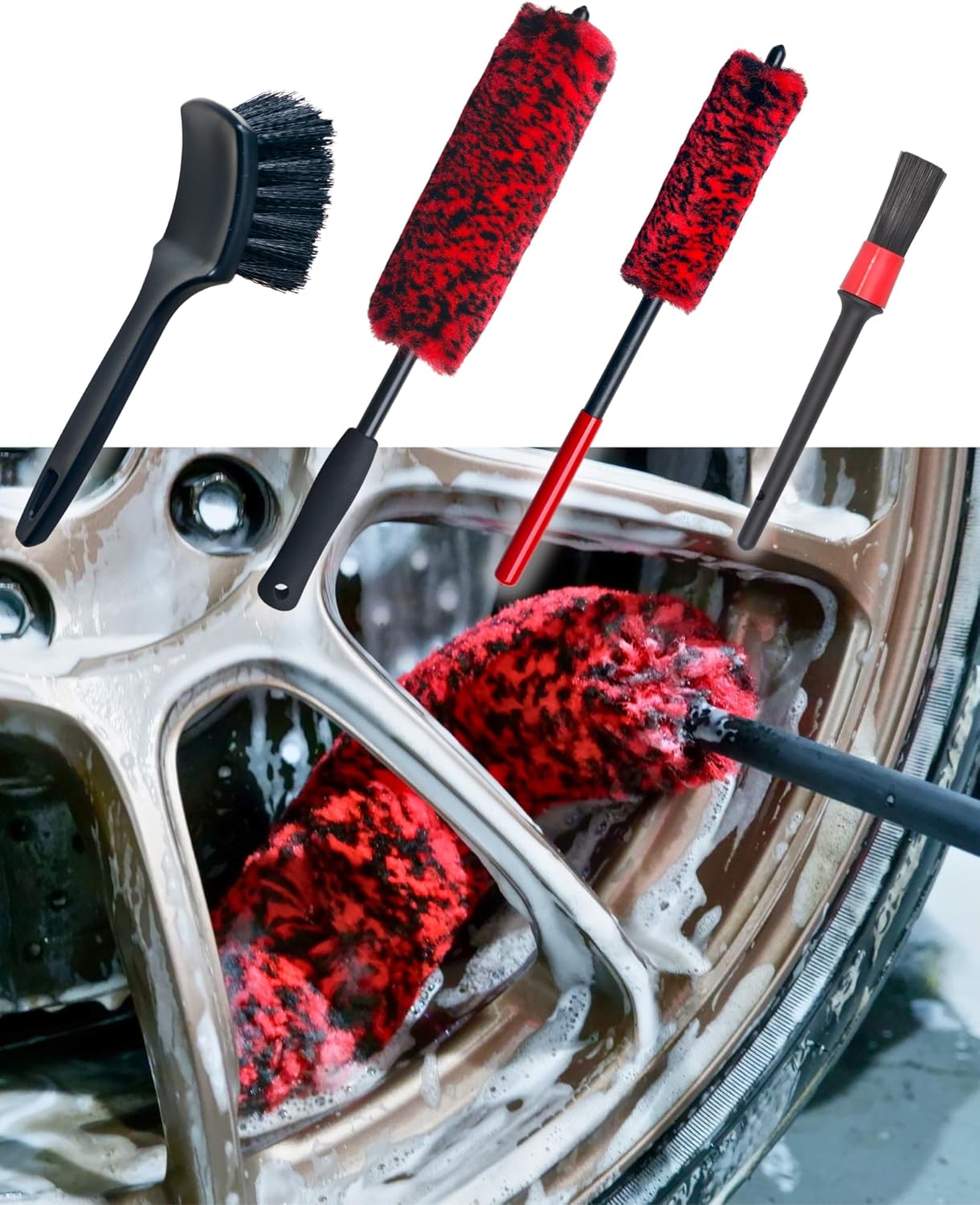oesee Professional 4 Pack Long Handle Wheel Brush Kit for Cleaning Wheel and Tire- 2X Soft Wheel Cleaning Brush, Detailing Brush and Stiff Tire Brush, Bendable& Durable Wheel Rim Cleaner Brush Set