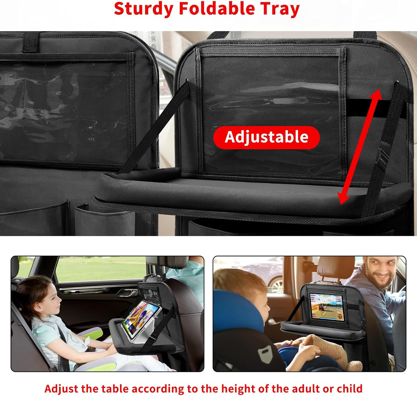 Car Backseat Organizer with Tablet Holder, 6 Storage Pockets Foldable Table Tray Seat Back Protectors Kick Mats Travel Accessories, 2 Pack Black
