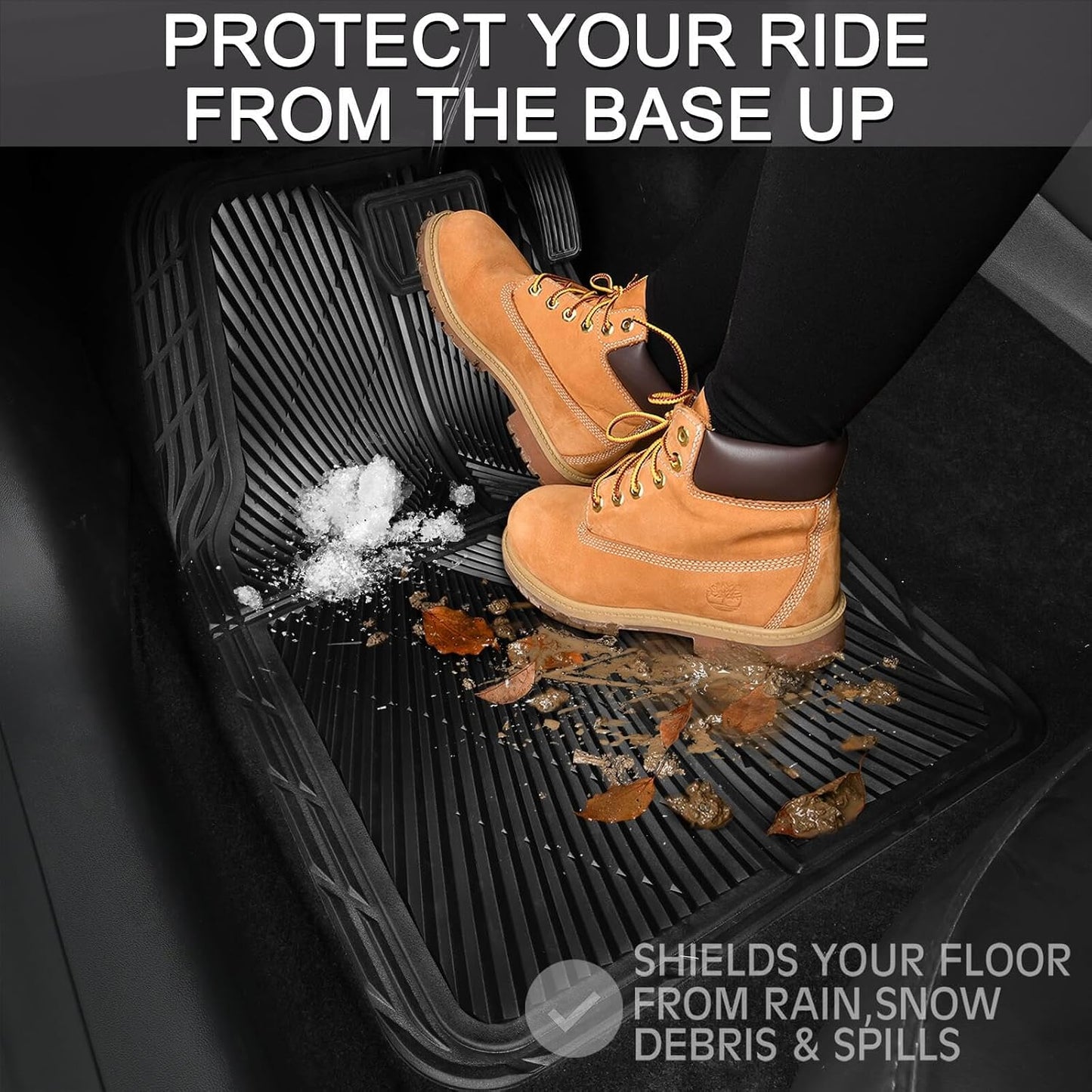 CAR PASS Rubber Floor Mats&Cargo Liner,Waterproof Trucks Mats Heavy Duty,All Weather Trim-to-Fit Automotive Mats for Cars Trucks SUV,Anti-Slip Easy Clean Durable,Full Set 5-Piece,3D Emboss All Black