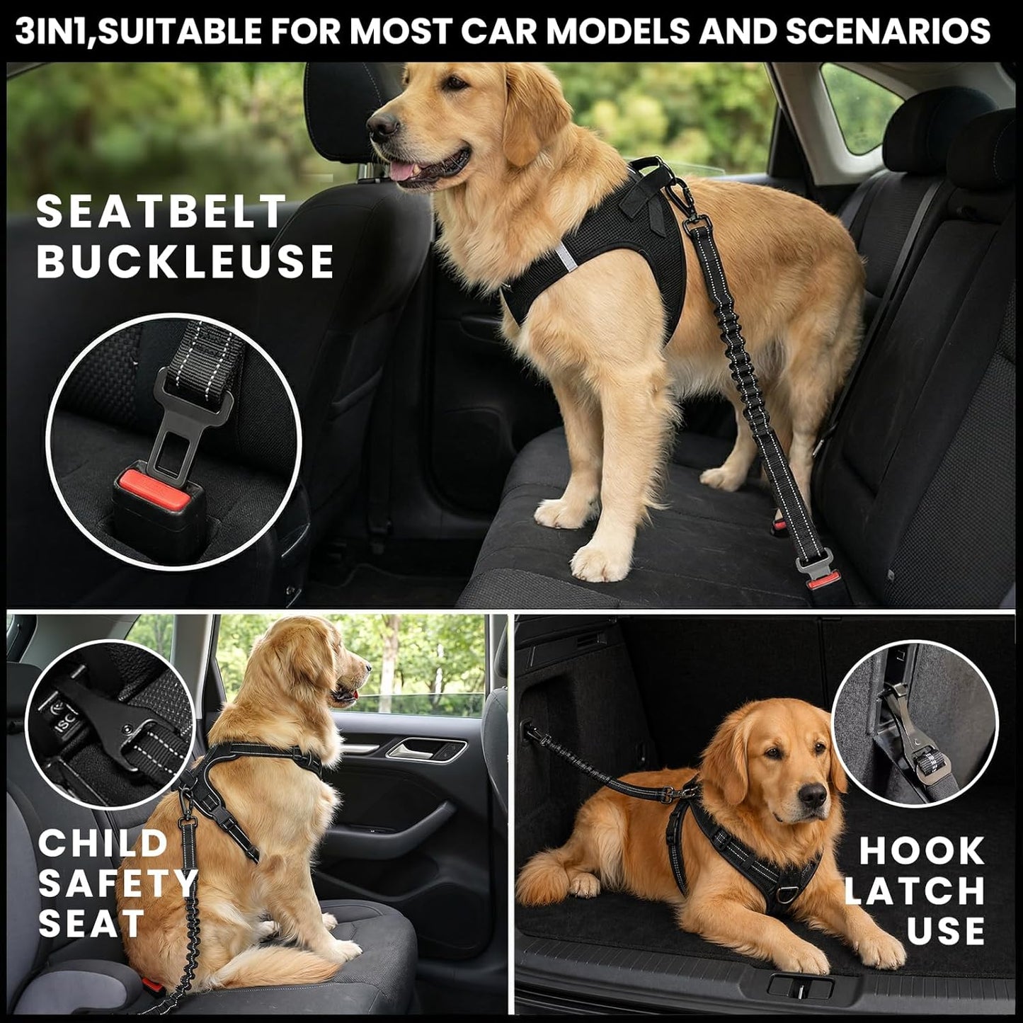 Dog Car Seat Belt 3-in-1, Escape Proof Dog Seatbelt for Car, Adjustable Pet Seat Belt with Shock Absorbing Bungee, Heavy Duty Dog Safety Belt for Small Medium Large Dogs, Black