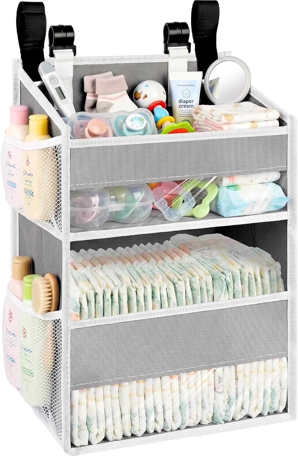 Hanging Diaper Organizer, 2 Tier Hanging Diaper Caddy, Holds 90+ Diapers | Durable Diaper Organizer for Changing Table,Cribs,Car,Playard or Wall & Nursery Organization, 4 Mesh Pockets, Won't Deform
