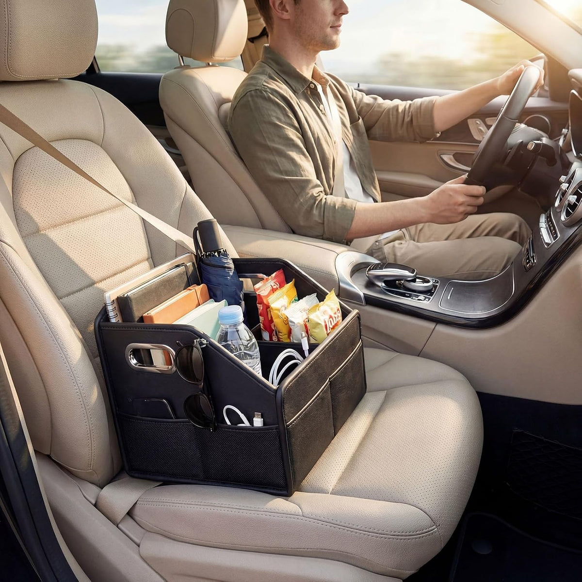 Car Front Seat Organizer - PU Leather Car Storage Box with Metal Handle, Divided Black Car Caddy Organizer for Truck/SUV/RV/Sedan, Universal Car Accessories for Trunk Front Back Seat