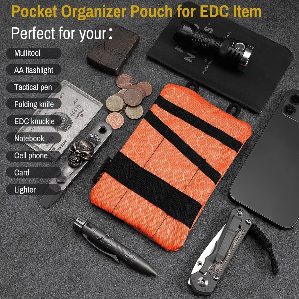 VIPERADE VE1-P Pocket Organizer, EDC Pocket Organizer Men, EDC Organizer Pouch Tool Pouch with 5 Tool Storage EDC Pouch for Flashlight, Pocket Knife, Tactical Pen, EDC Gear (Orange)