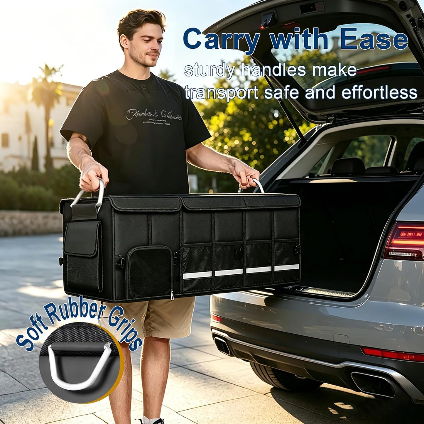 Car trunk organizer, Collapsible Multi-Compartments Car trunk Organizer with Shoes Storage Space, Reflective Strip, Perfect for Car & SUV (34.5 * 13.8 * 11.8 INCH)