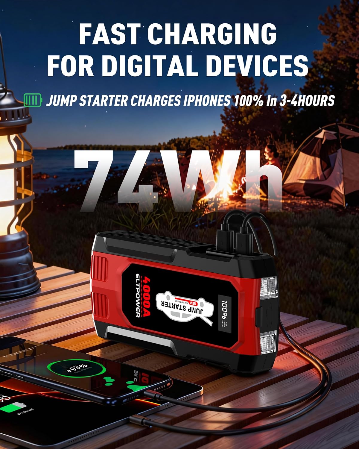 4000A Heavy Duty Jump Starter, 74Wh 12V Portable Truck Battery Booster Jump Box, Car Jump Starter for 8.0L Gas & 7.0L Diesel Engine, USB Fast Charge LED SOS Light with Storage Carry Case