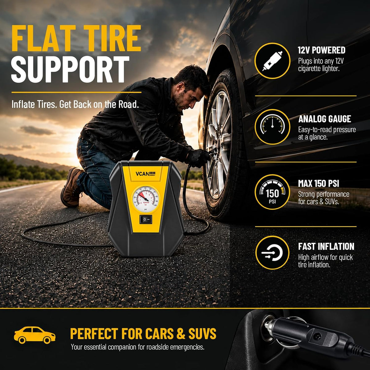 Car Emergency Safety Kit Bag with Portable Air Compressor for Vehicles