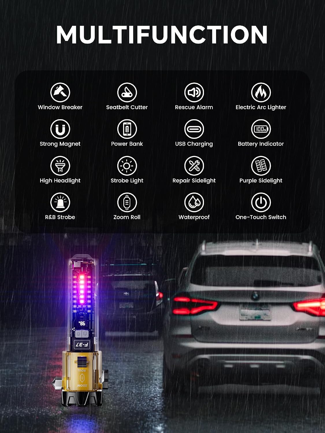 Emergency Flashlight for Car, Seatbelt Cutter Window Breaker, 3000 LM Flashlight Multifunctional Safety Tool—Glass Hammer/Bright Solar Torch/USB-C Rechargeable/Rescue Alarm & Beacon/Repair Magnet