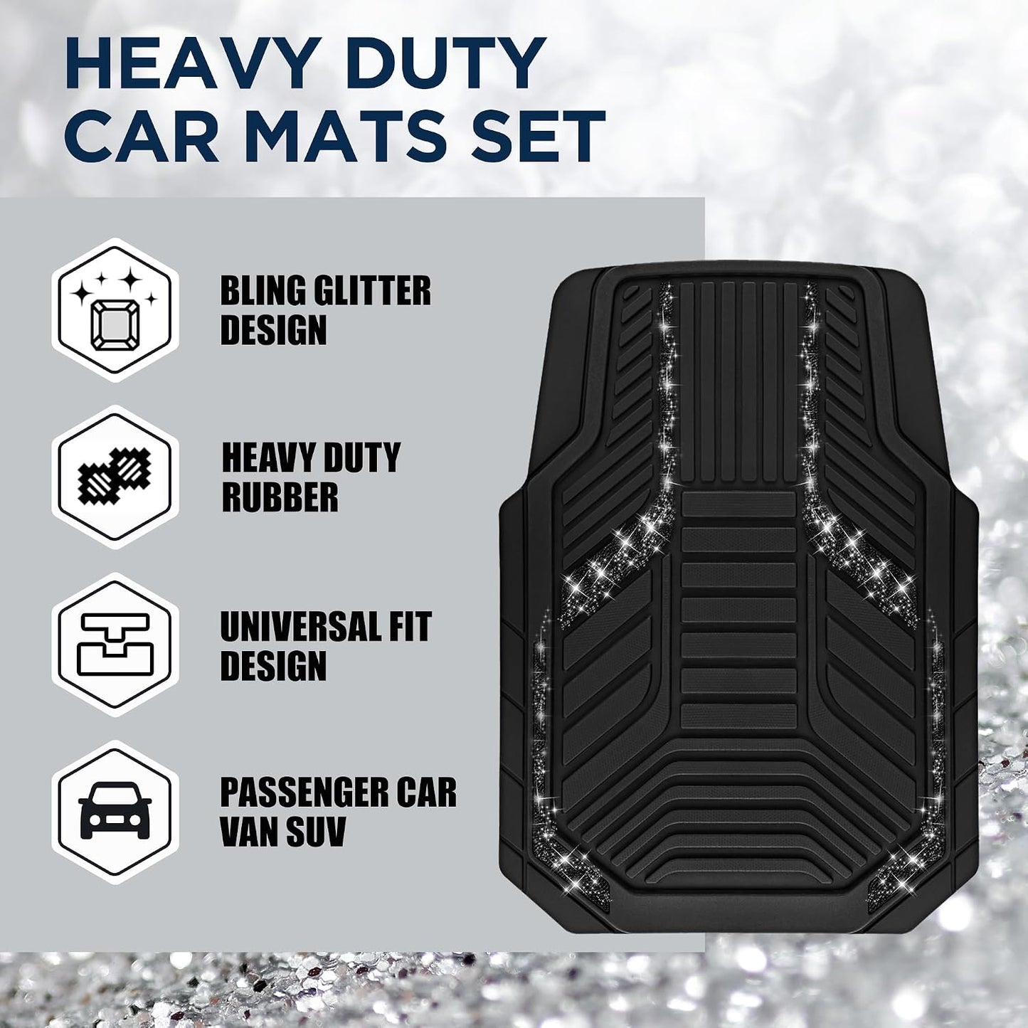 PIC AUTO Car Floor Mats, Black Sparkly Crystal Bling Glitter Car Mats Set, Front and Rear Heavy Duty Rubber Car Mats with Anti-Slip Backing, All Weather, Trim-to-Fit for Automotive SUVs, Sedan, Vans