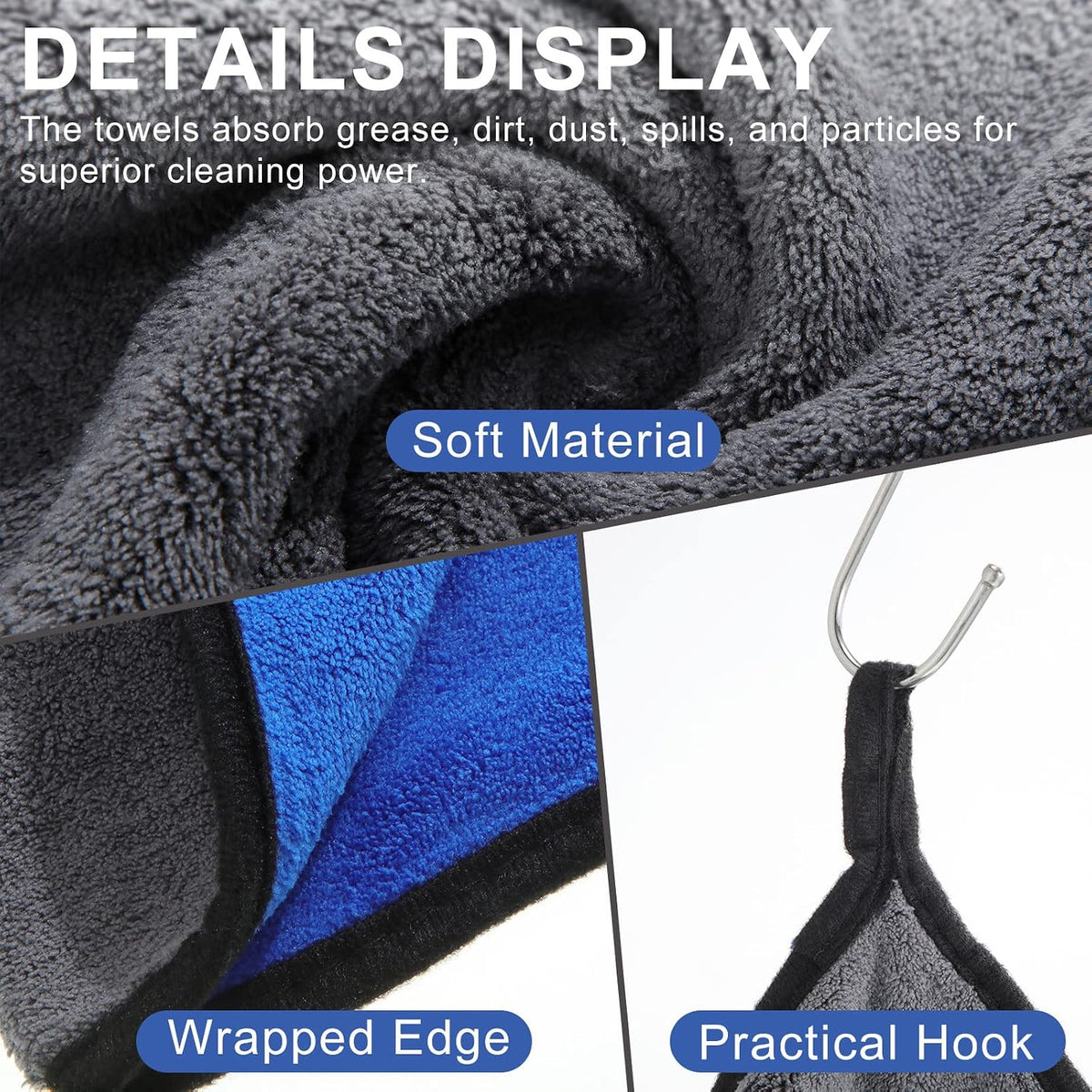20 Pcs Microfiber Car Drying Towels 800 Gsm Thick Plush, Grey and Blue