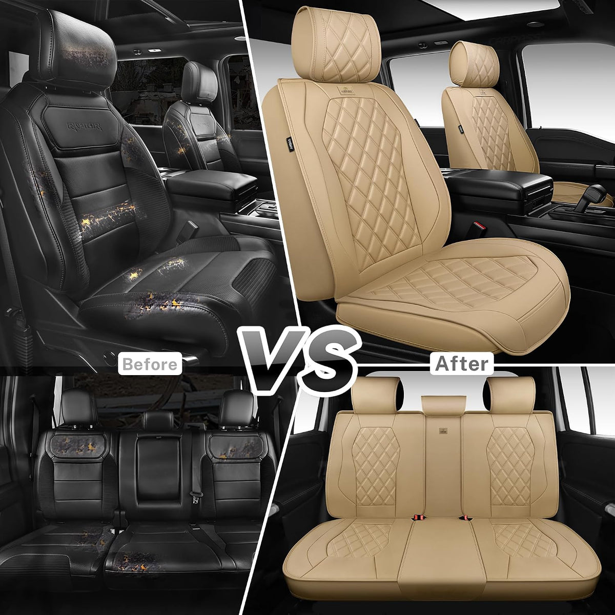 CAR PASS Luxury Nappa Leather Seat Covers Full Set, 3D Rhombus Waterproof Faux Leather Seat Covers, Universal Automotive Seat Cushion Fit for Most Sedan SUV Truck Van, Airbag Compatible Beige