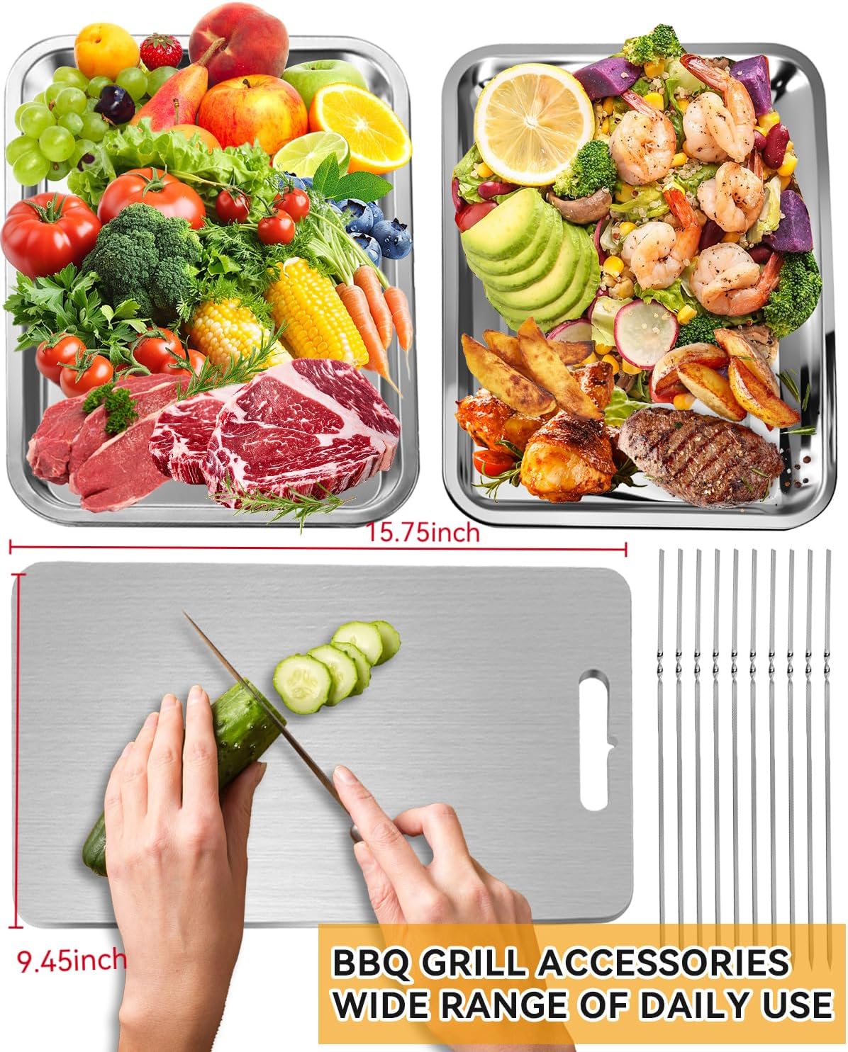 Grill Carry System, grill prep trays 13Pcs,Large Stainless Steel Trays for Food,Stainless Steel Cutting Board & reusable skewers,BBQ Grill Accessories, Grilling Gifts for Men