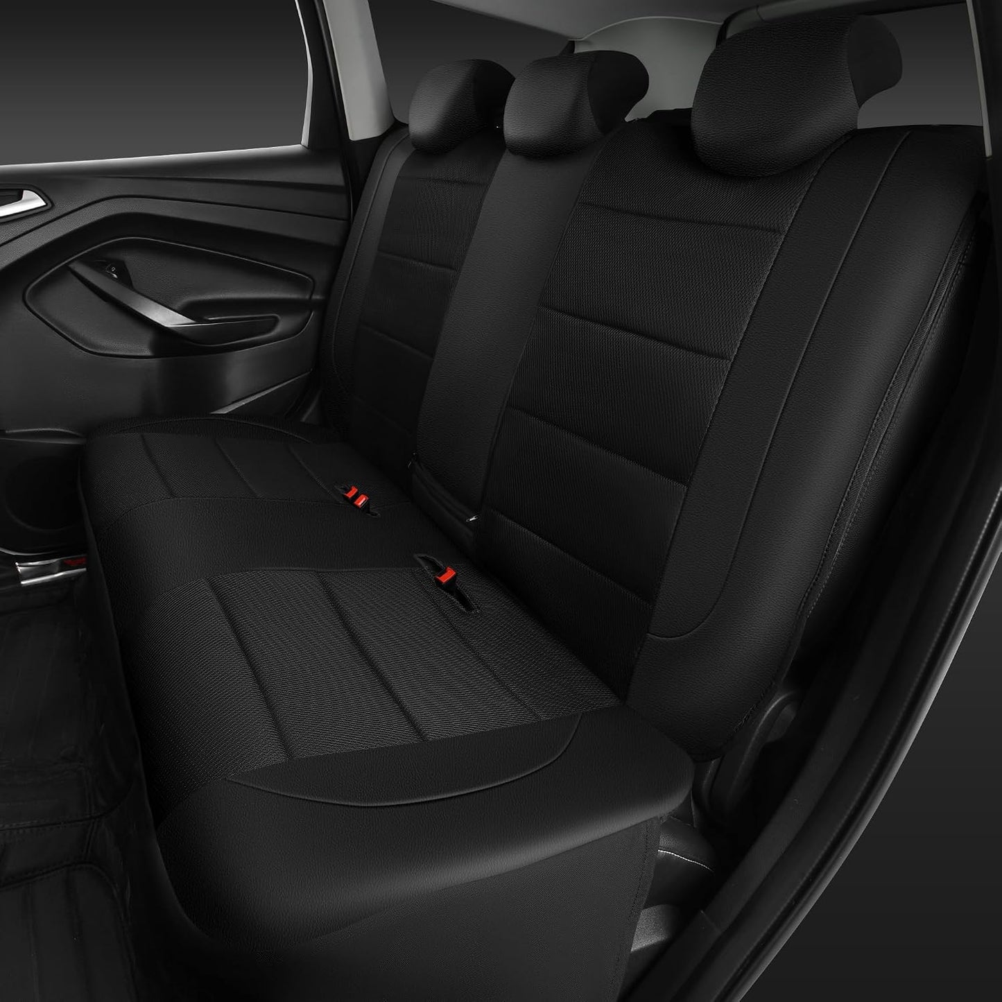 CAR PASS Leather Back Seat Cover, Breathable Mesh Universal Bench Seat Cover, Super 5mm Composite Sponge Inside, Airbag Compatible Fits Most Automotive, Cars, SUVs, Trucks, and Vans (Rear, Black)