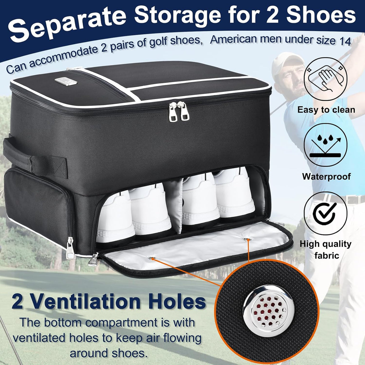 CAB55 Golf Trunk Organizer with 4 Wheels, 2 Layer Waterproof Car Golf Organizer with Separate Ventilated Compartment for 2 Pair Shoes, Golf Trunk Storage for Clothes, Accessories, Golf Gifts