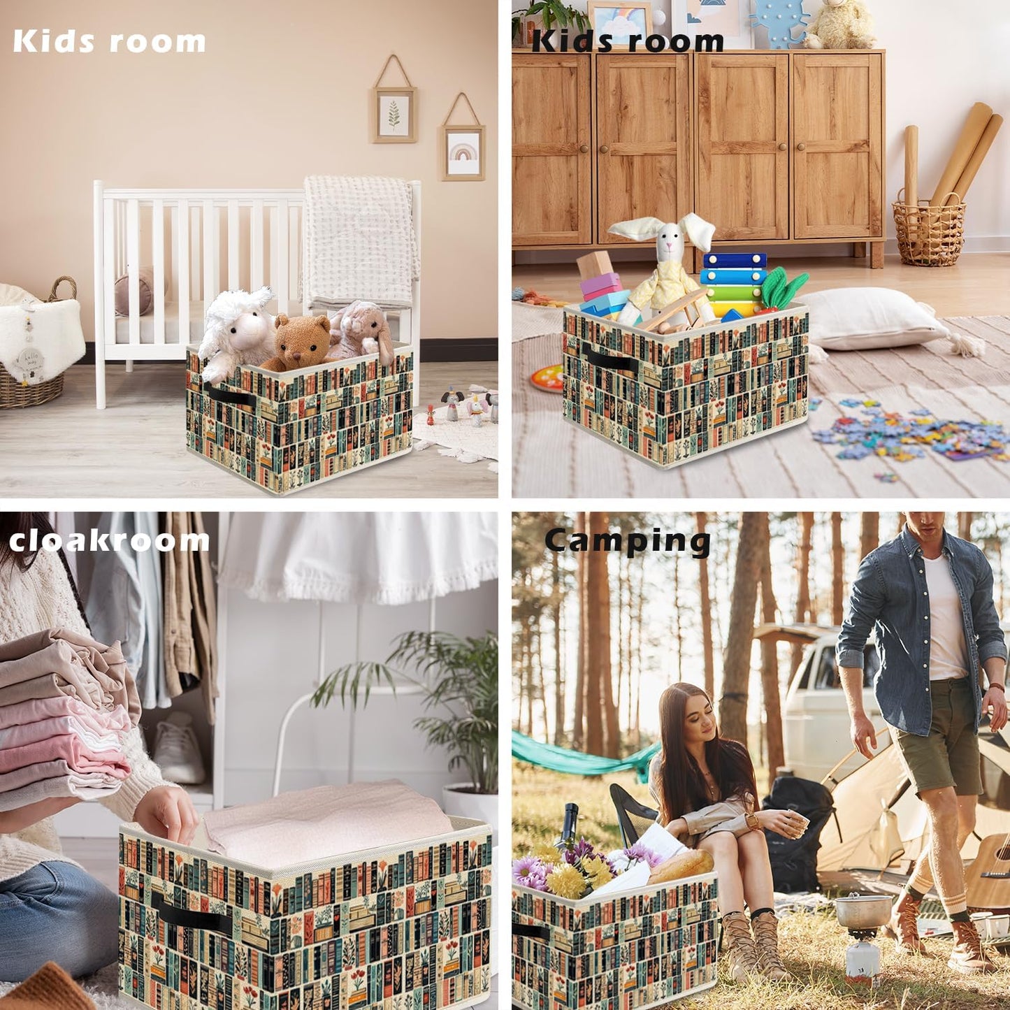 Vintage Book Lovers Storage Bin Box with Handles, Retro Bookish Foldable Organizer Basket for Reading Corner Room Library Bedroom Bathroom Home Clothes Books, Set of 2
