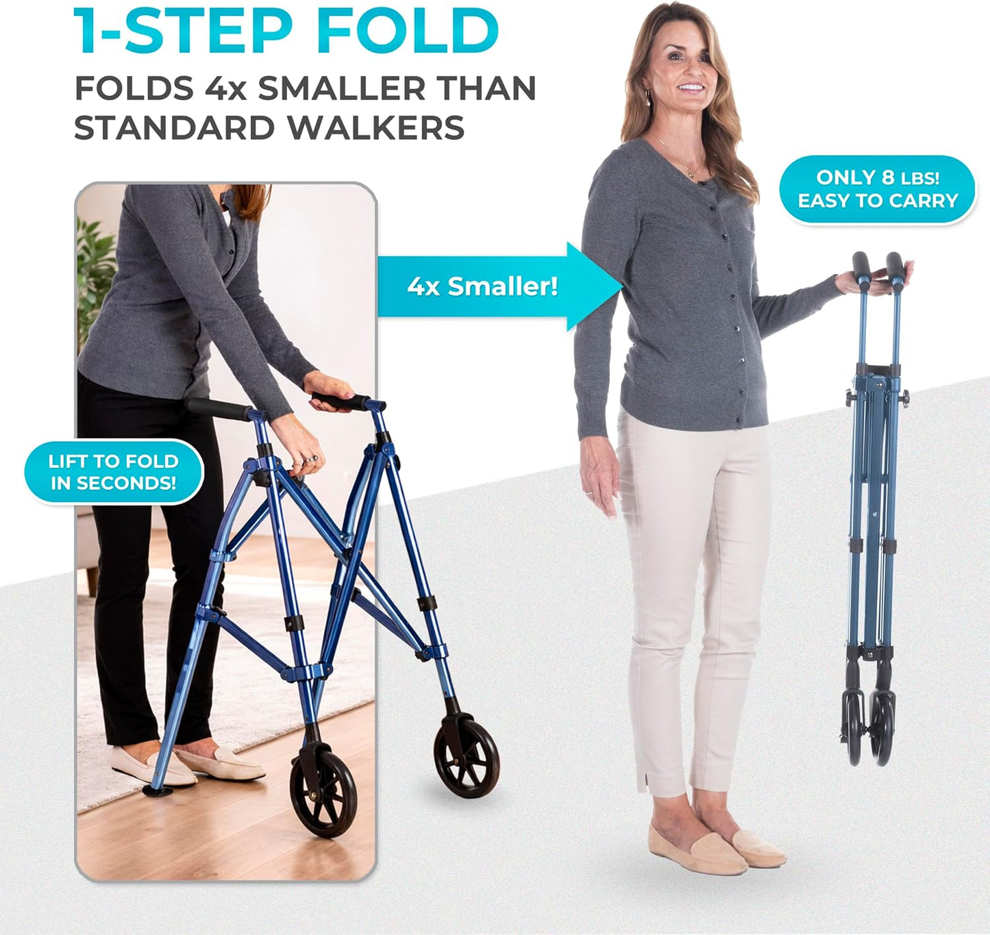 Stander Space Saver Walker, Lightweight Folding Rolling Mobility Aid for Seniors & Adults, Compact 2-Wheel Disability Device with 6-inch Wheels & Ski Glides for Walking Support, Cobalt Blue