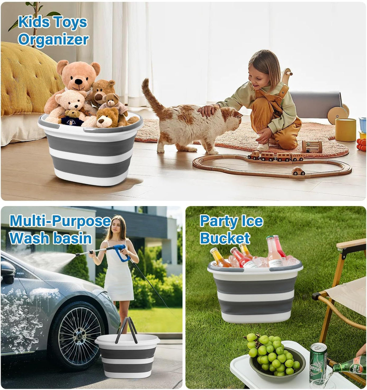 Lesipee Collapsible Bucket 16L with Handles, Foldable Silicone Mop Bucket Space Saving Tub for Laundry, Camping, Beach & Pool Party Ice Bucket, Portable Wash Basin for Home, Car & Outdoor, 4.2 Gallon