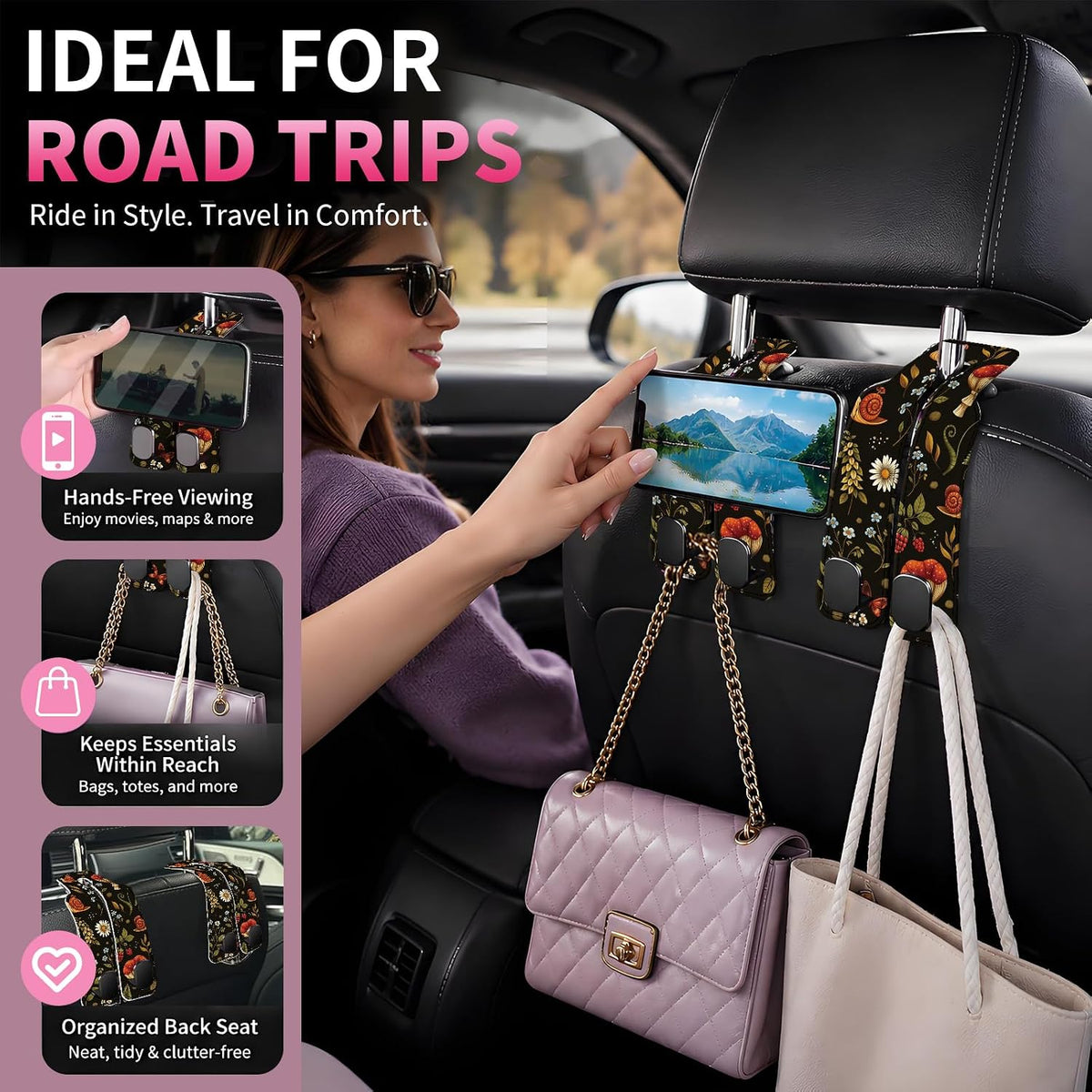 Car Seat Back Storage Hook, Funny Car Purse Hook, Cute Vehicle Storage Organizer for Purses Handbags Dark Floral Mushroom