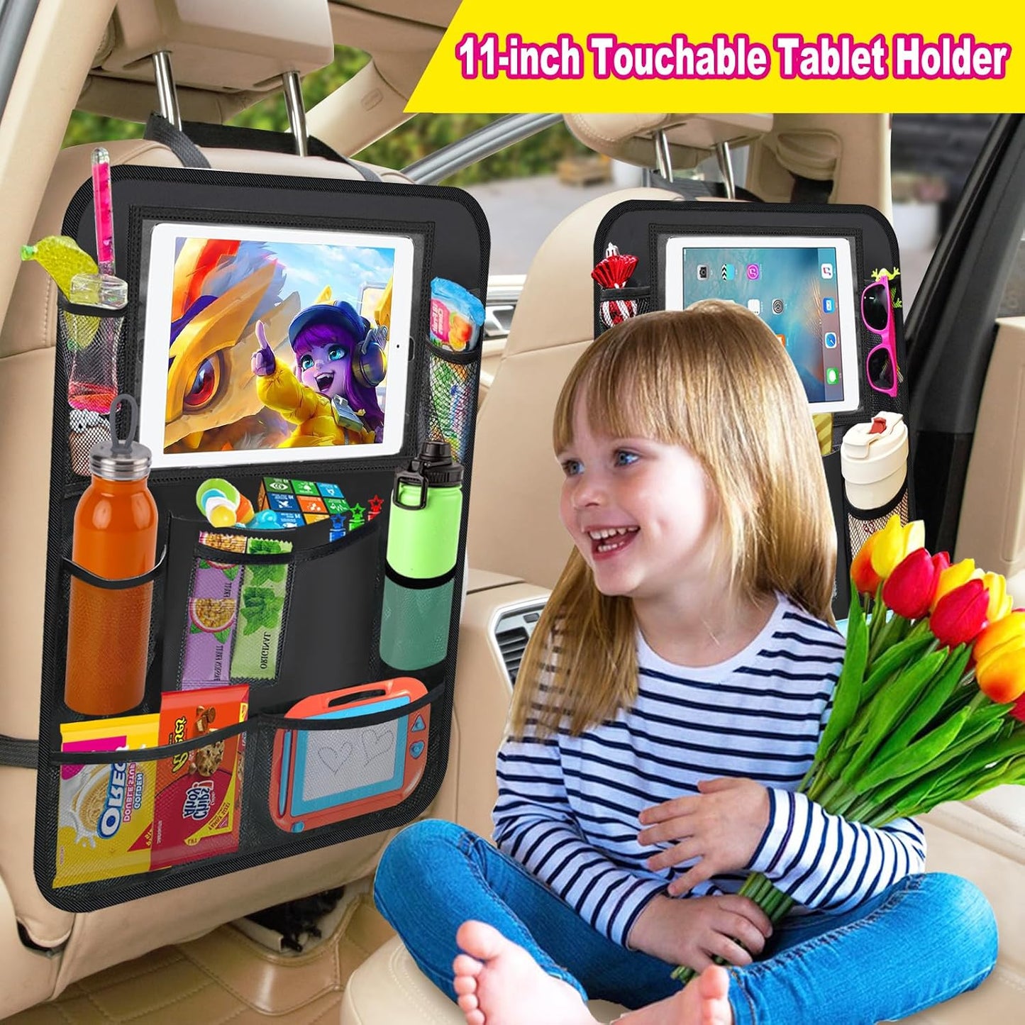 XBRN 2 Pack Car Backseat Organizer, Car Seat Organizer Kick Mats Back Seat Protector with 11" Tablet Holder, Car Storage Organizer for Kids,10 Storage Pockets Travel Accessories