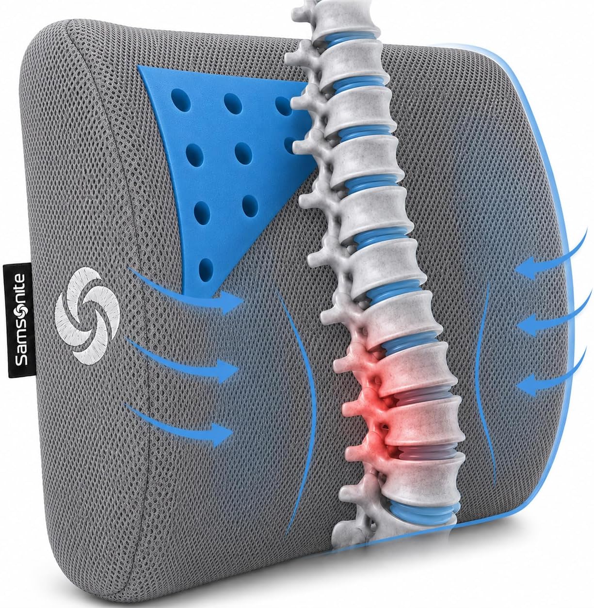 Samsonite Memory Foam Lumbar Support Pillow for Office Chair, Gaming Chair & Car Seat Automotive Use, Home Office Essentials for Sitting Comfort and Posture Relief Back Support, Black with Cooling Gel