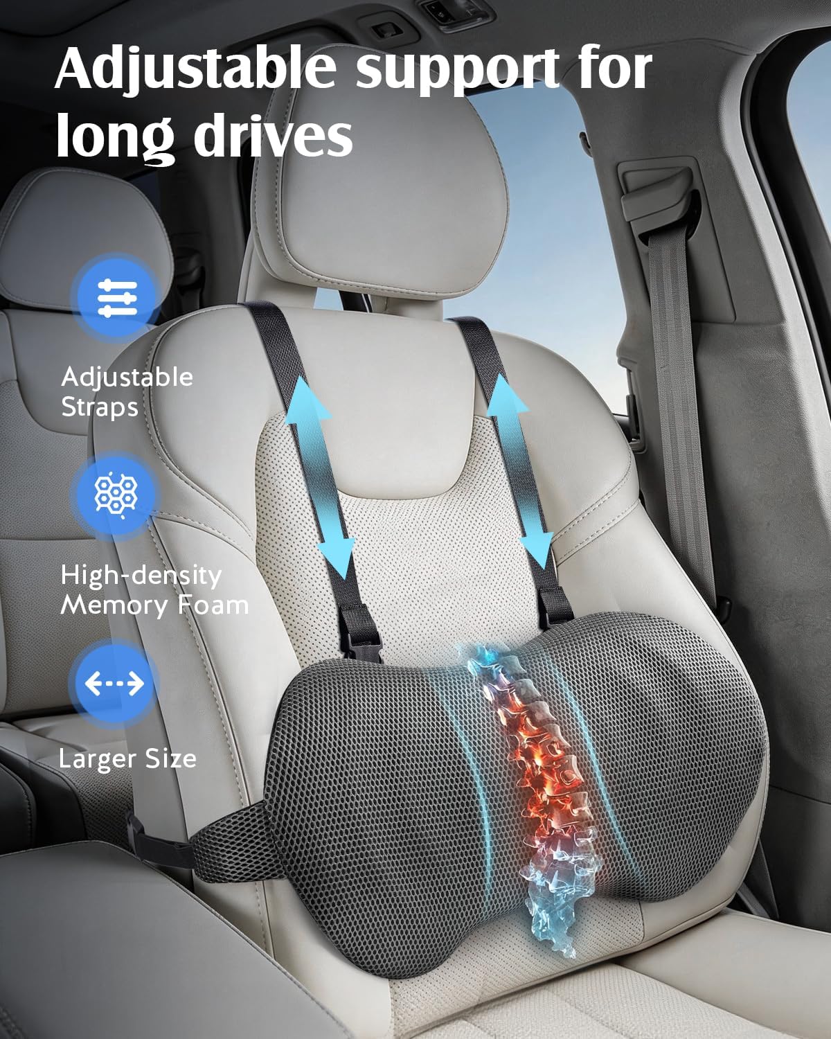 YFONG Lumbar Support Pillow for Car Seat, Back Support with Adjustable Straps Securely Fixed for Driving Seat Pain Relief, Office Chair Car Essentials Back Cushion, Grey