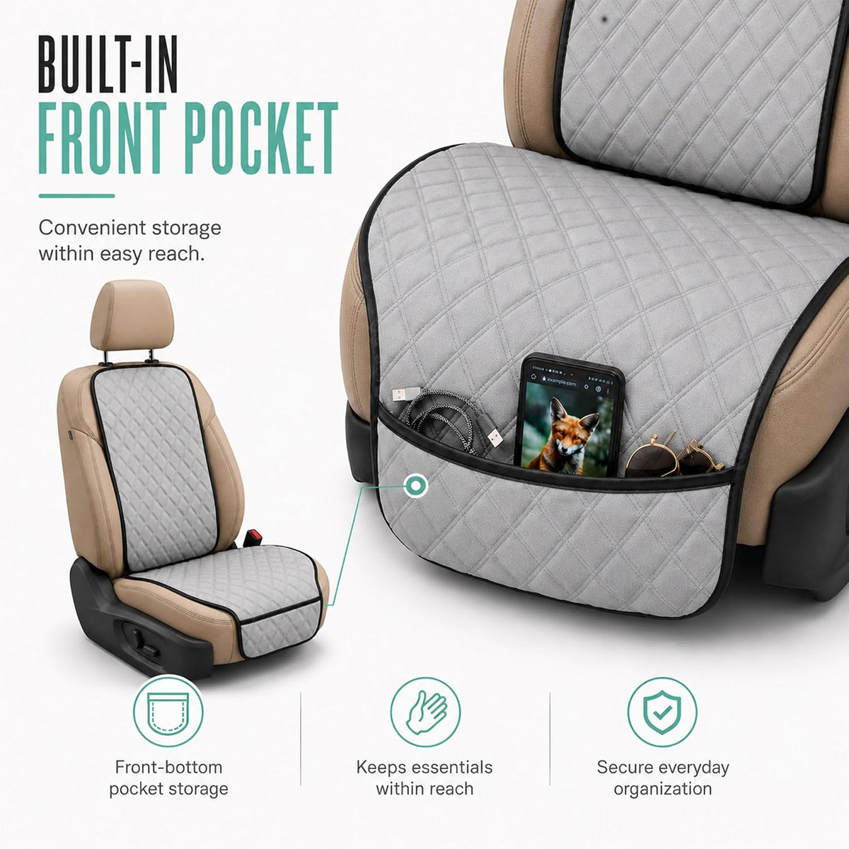 FH Group Car Seat Cushion – Neosupreme Single Front Seat Cover with Front Pockets, Airbag Compatible, Universal Fit Car Seat Cushion for Driver or Passenger Seat, SUV, Truck, Sedan & Van – Gray