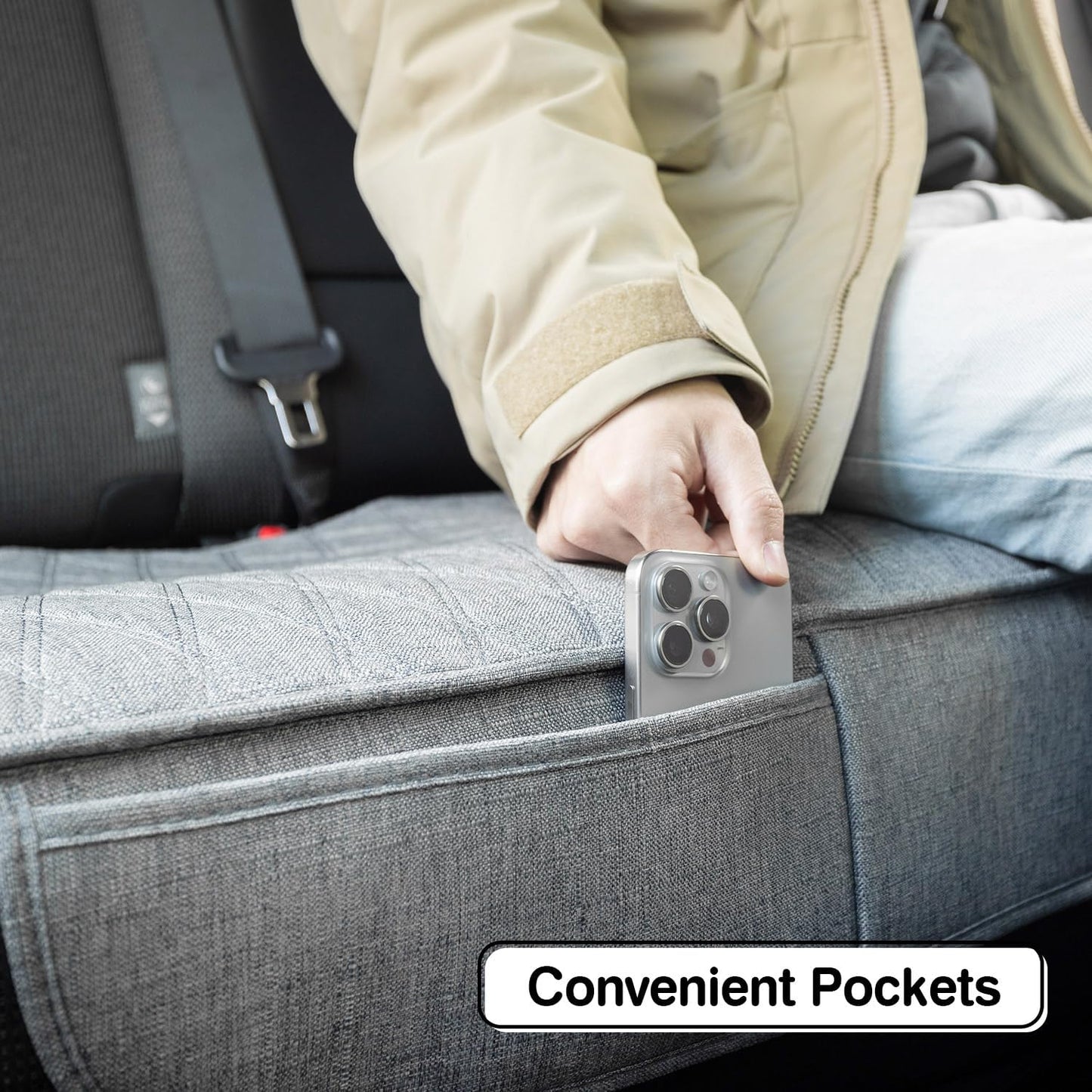 Universal Grey Anti-Slip Rear Car Seat Cover Size M - Faux Linen Bottom Bench Seat Cushion Fits Most of Vehicles Cars Truck SUV Van - Automotive Long Back Seats Protectors with Storage Pocket
