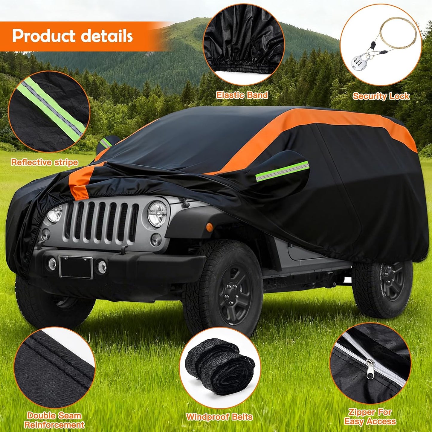 Car Cover for Jeep Wrangler 4 Door JL JK TJ YJ CJ 2007-2026, Multi-Layer Automobiles Covers Waterproof All Weather with Zipper Door, Sun Rain Snow Dust Protection